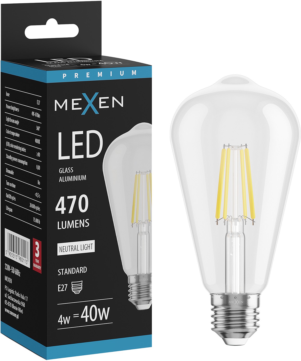 Mexen Vintis LED-Filament-Glühbirne E27, ST64, 4W, Neutral - 4000K, 470 lm, klar - L152-E27-0440-00